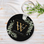 Black Gold Monogram Elegant Greenery Keychain<br><div class="desc">Elegant watercolor greenery leaves monogram name keychain featuring a gold monogram initial on a chic black background. Designed by Thisisnotme©</div>