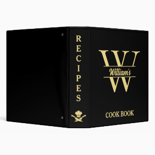 Black & Gold Monogram   Elegant Initial Cookbook 3 Ring Binder