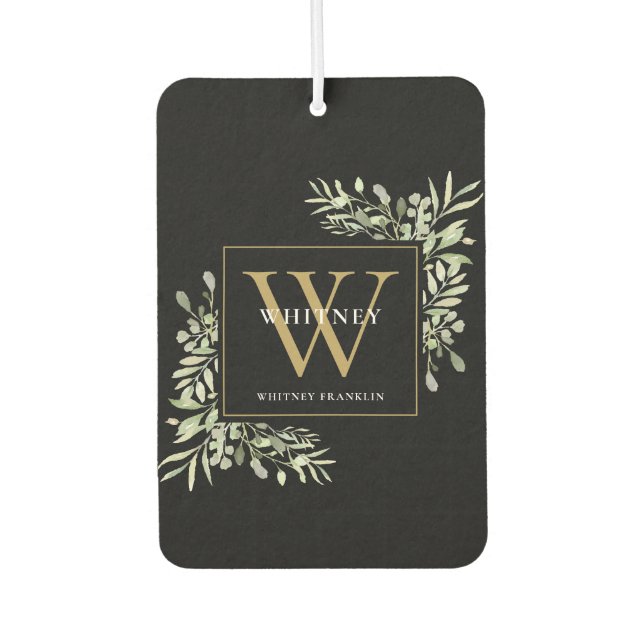 Black Gold Monogram Elegant Modern Greenery Air Freshener (Front)