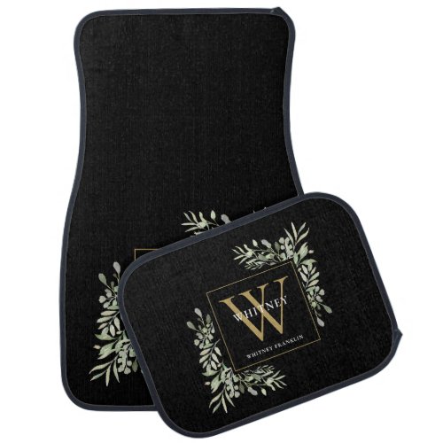 Black Gold Monogram Elegant Modern Greenery Car Floor Mat