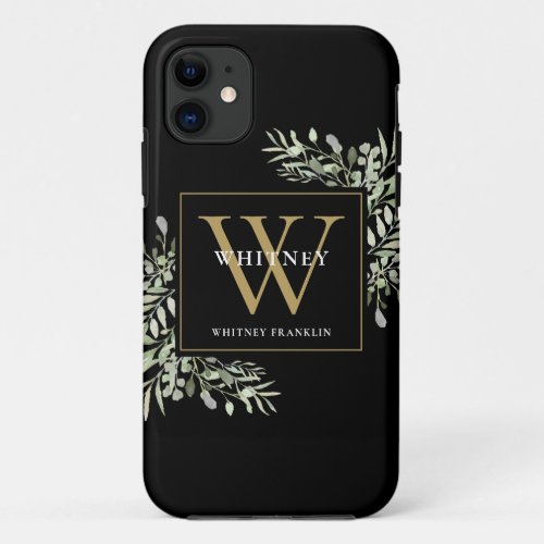 Black Gold Monogram Elegant Modern Greenery iPhone 11 Case