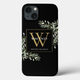 Black Gold Monogram Elegant Modern Greenery iPhone 13 Case