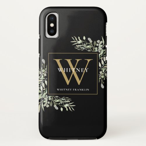 Black Gold Monogram Elegant Modern Greenery  iPhone X Case