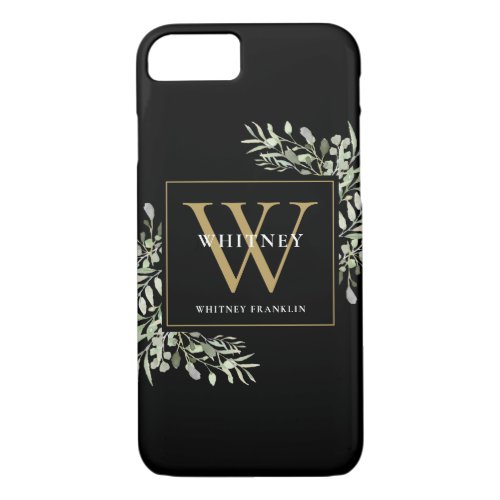 Black Gold Monogram Elegant Modern Greenery iPhone 87 Case