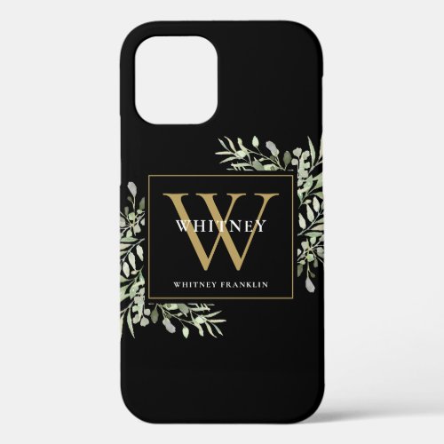 Black Gold Monogram Elegant Modern Greenery iPhone 12 Case