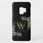 Black Gold Monogram Elegant Modern Greenery Case-Mate Samsung Galaxy S9 Case<br><div class="desc">Elegant watercolor greenery leaves monogram name phone case featuring a gold monogram initial on a chic black background. Designed by Thisisnotme©</div>