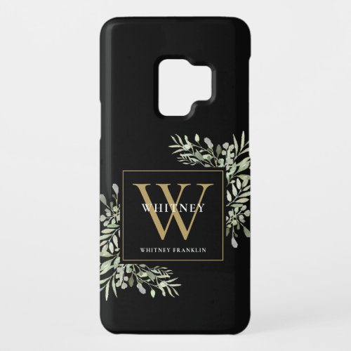 Black Gold Monogram Elegant Modern Greenery Case_Mate Samsung Galaxy S9 Case