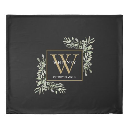 Black Gold Monogram Elegant Modern Greenery Duvet Cover