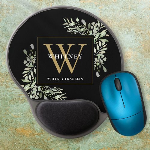 Black Gold Monogram Elegant Modern Greenery Gel Mouse Pad