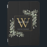 Black Gold Monogram Elegant Modern Greenery iPad Air Cover<br><div class="desc">Elegant watercolor greenery leaves monogram name iPad case featuring a gold monogram initial on a chic black background. Designed by Thisisnotme©</div>