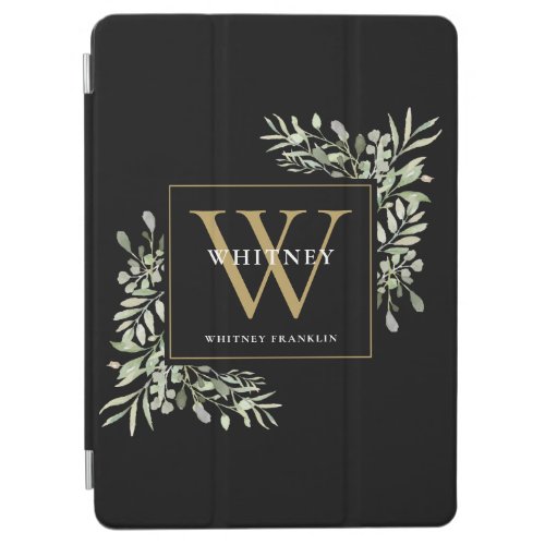 Black Gold Monogram Elegant Modern Greenery iPad Air Cover