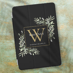 Black Gold Monogram Elegant Modern Greenery iPad Mini Cover