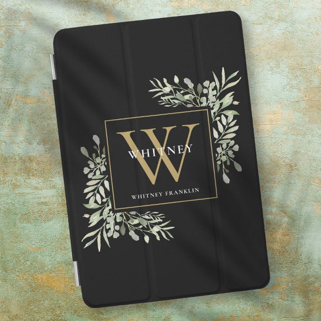Black Gold Monogram Elegant Modern Greenery iPad Mini Cover (Black Gold Monogram Elegant Modern Greenery iPad Mini Cover)