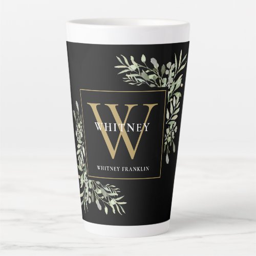 Black Gold Monogram Elegant Modern Greenery  Latte Mug