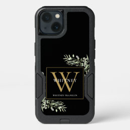 Black Gold Monogram Elegant Modern Greenery iPhone 13 Case