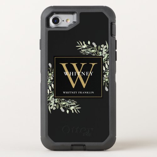 Black Gold Monogram Elegant Modern Greenery OtterBox Defender iPhone SE87 Case