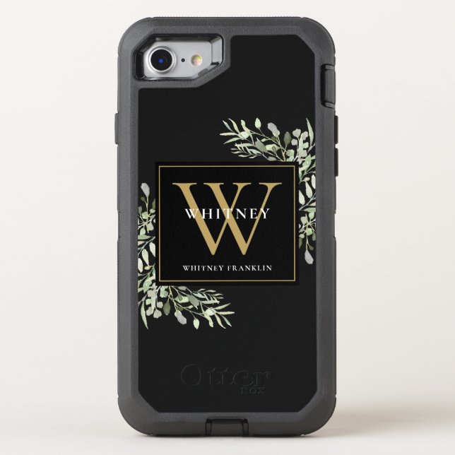 Black Gold Monogram Elegant Modern Greenery Otterbox iPhone Case (Back)