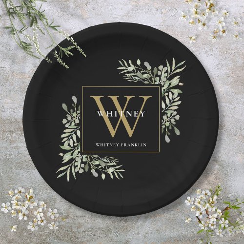 Black Gold Monogram Elegant Modern Greenery Paper Plates