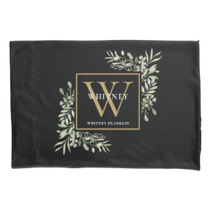 Black Gold Monogram Elegant Modern Greenery Pillow Case
