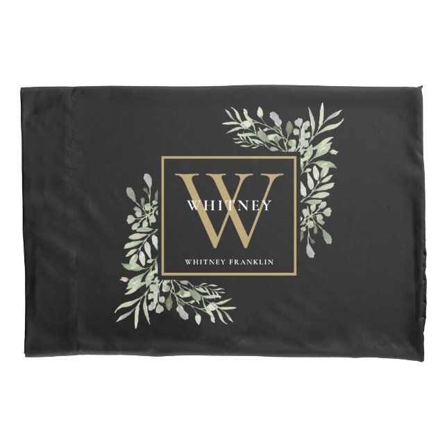 Black Gold Monogram Elegant Modern Greenery Pillow Case (Front)
