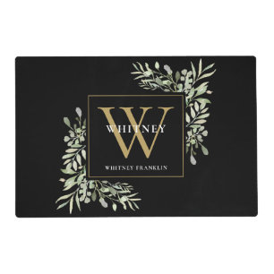 Black Gold Monogram Elegant Modern Greenery Placemat