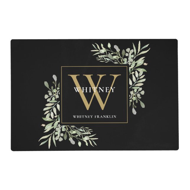 Black Gold Monogram Elegant Modern Greenery Placemat (Front)