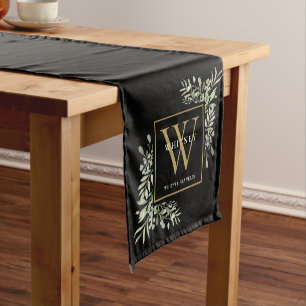 Black Gold Monogram Elegant Modern Greenery Short Short Table Runner