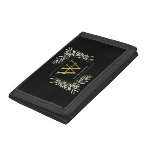 Black Gold Monogram Elegant Modern Greenery Tri-fold Wallet