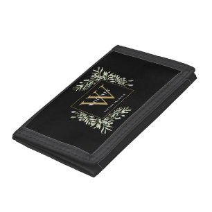 Black Gold Monogram Elegant Modern Greenery Tri-fold Wallet