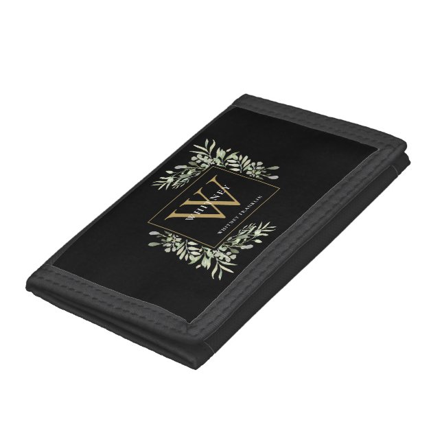 Black Gold Monogram Elegant Modern Greenery Trifold Wallet (Bottom)