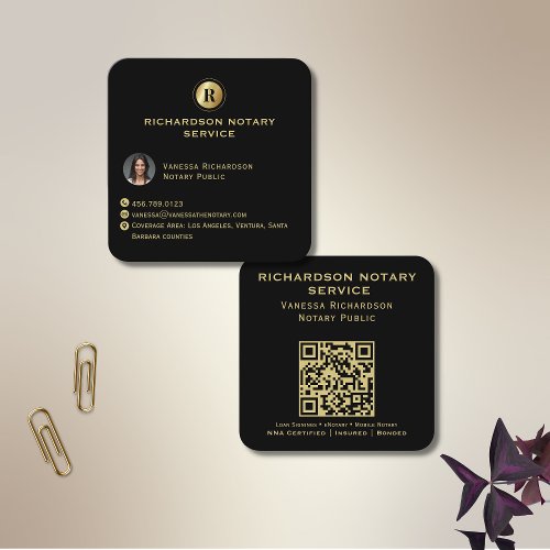 Black  Gold Monogram Elegant Notary QR Photo  Square Business Card