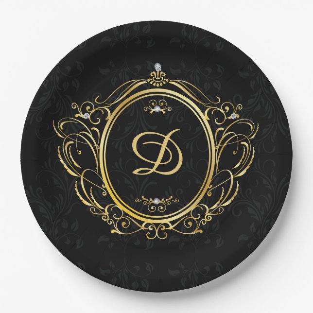 Black gold Monogram elegant Paper Plates (Front)