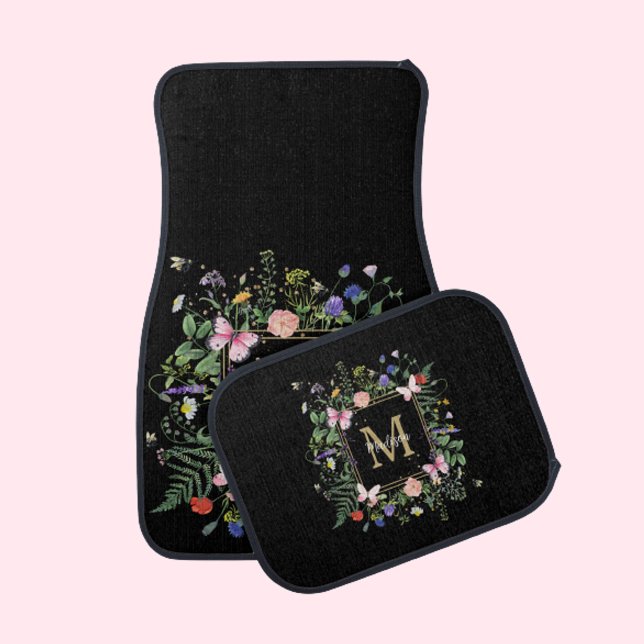 Black Gold Monogram Elegant Script Car Floor Mat (Creator Uploaded)