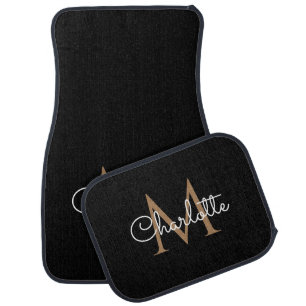 Black Gold Monogram Elegant Script Car Floor Mat