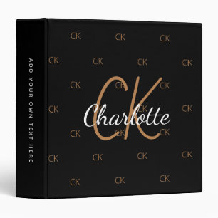 Black gold monogram elegant script office school 3 ring binder