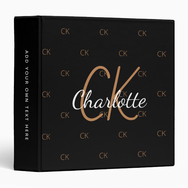 Black gold monogram elegant script office school 3 ring binder (Front/Spine)