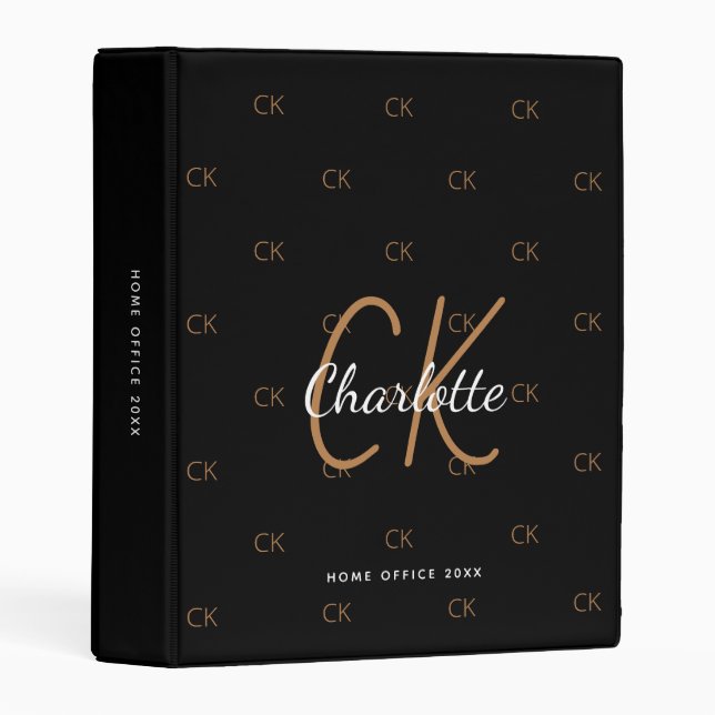 Black gold monogram elegant script office school mini binder (Front/Spine)