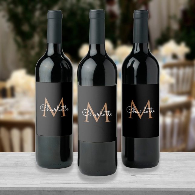 Black Gold Monogram Elegant Script Wine Label (Creator Uploaded)