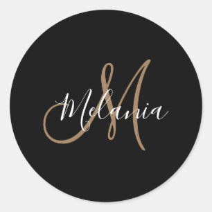 Black Gold Monogram Elegant Stylish Script Name Classic Round Sticker
