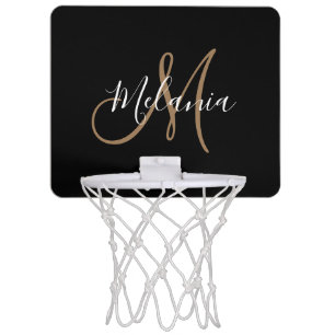 Black Gold Monogram Elegant Stylish Script Name Mini Basketball Hoop