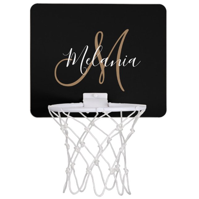 Black Gold Monogram Elegant Stylish Script Name  Mini Basketball Hoop (Front)