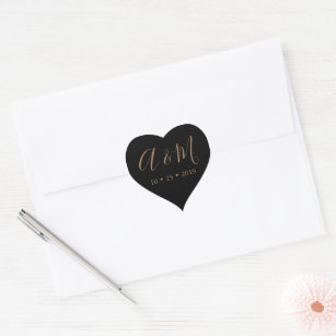 Black Gold Monogram Elegant Wedding Heart Sticker