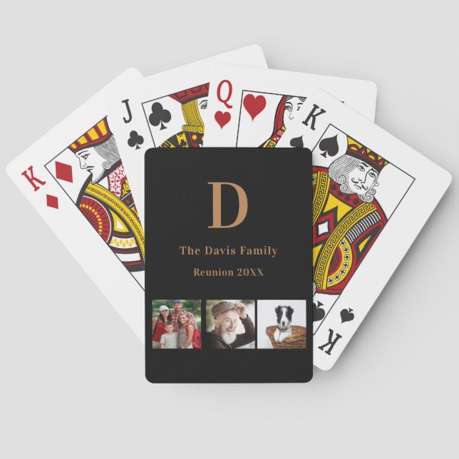 Black gold monogram Family reunion photo Poker Cards (Back)
