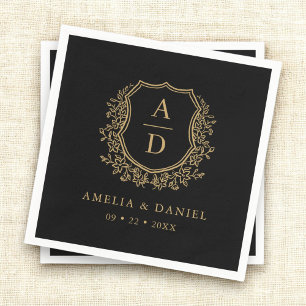 Black Gold Monogram Floral Crest Wedding Napkins