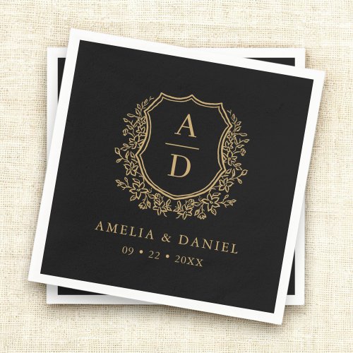 Black Gold Monogram Floral Crest Wedding 
