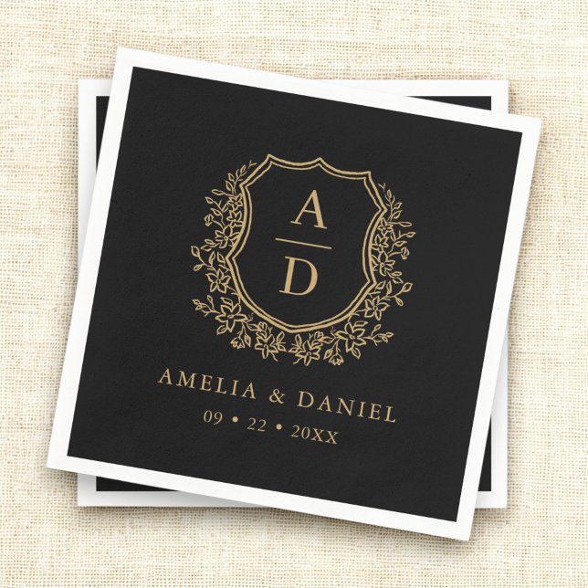 Black Gold Monogram Floral Crest Wedding  Napkins (Creator Uploaded)