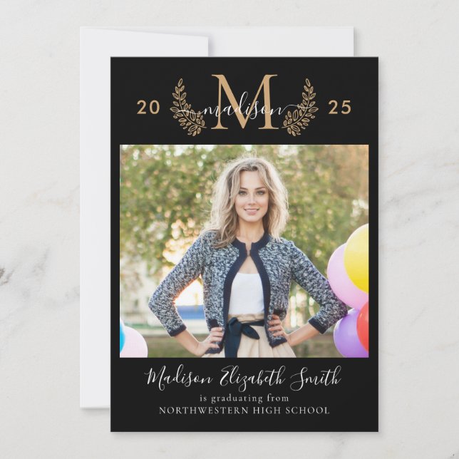 Black Gold Monogram Girly Script Photo Graduation Announcement (Front)