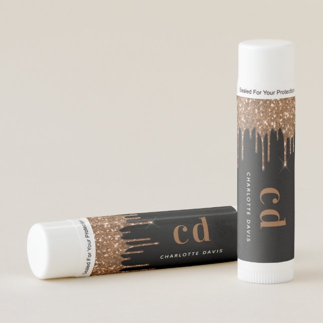 Black gold monogram glitter drips script luxury lip balm (Front)