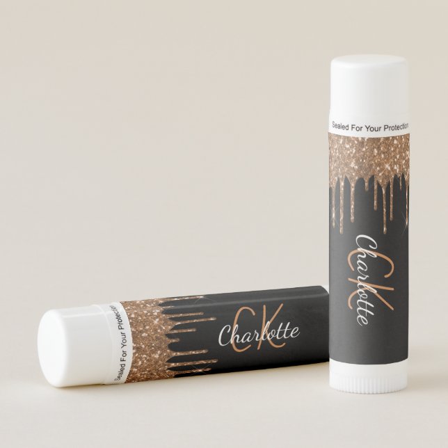 Black gold monogram glitter drips script luxury lip balm (Front)