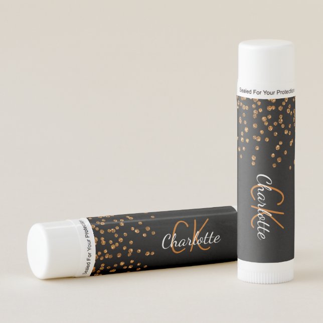 Black gold monogram glitter drops script lip balm (Front)
